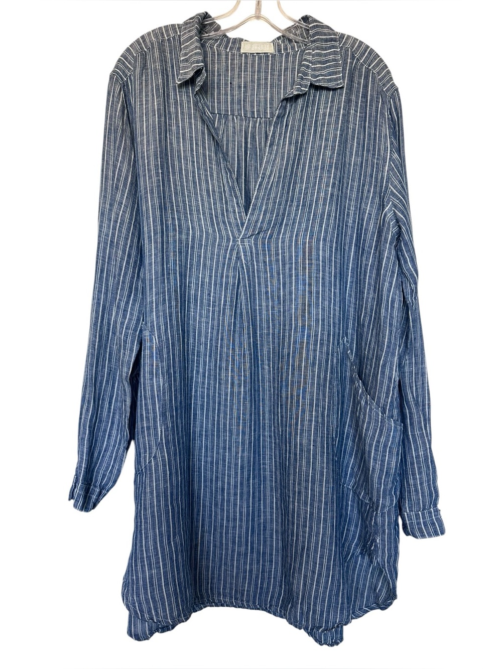 CP Shades Teton Tunic Dress Blue & White Striped 100% Linen Sz L